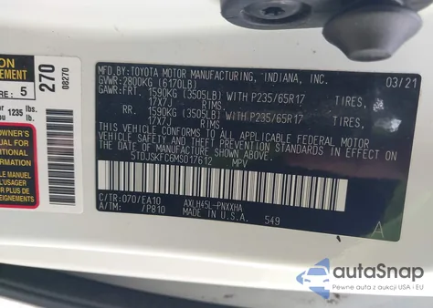 2021 Toyota Sienna Xle z USA, uszkodzony, nr VIN 5TDJSKFC6MS017612